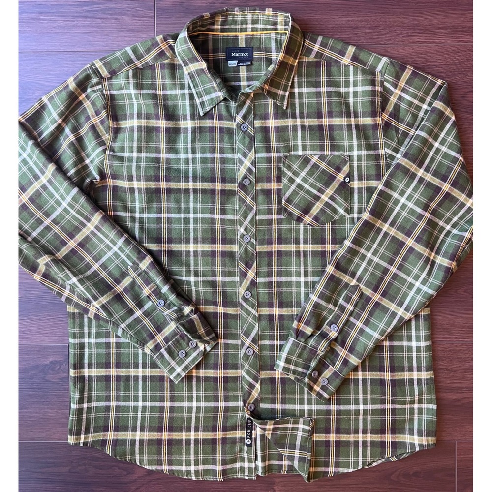 Marmot Mens XXL Green Plaid Flannel Shirt Long Sleeve Wool Blend SCC-308